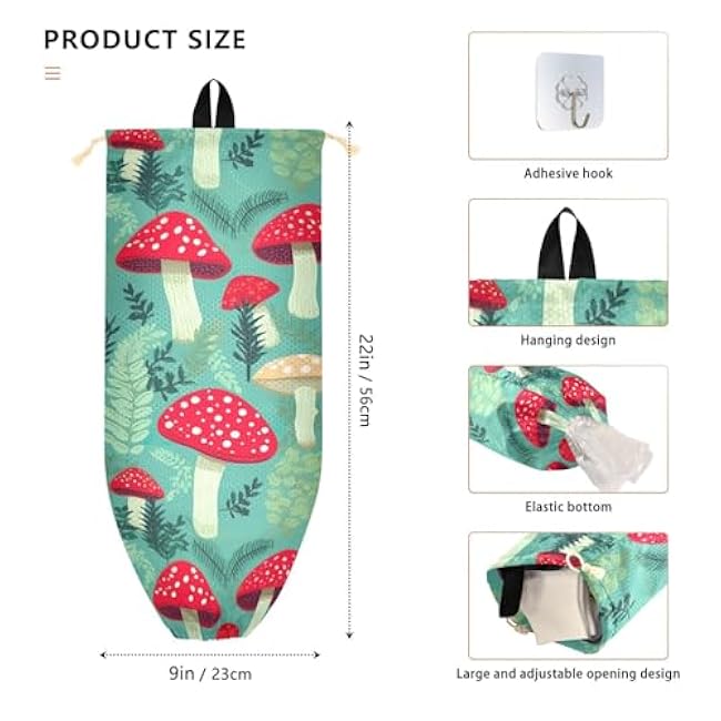 Mushroom Cartoon Leaves Plants Reusable Plastic Bag Holder for Kitchen Wall Mount Grocery Bag Organizer Dispenser with Drawstring Trash Bag Dispenser for Camping Closet Bedroom Home