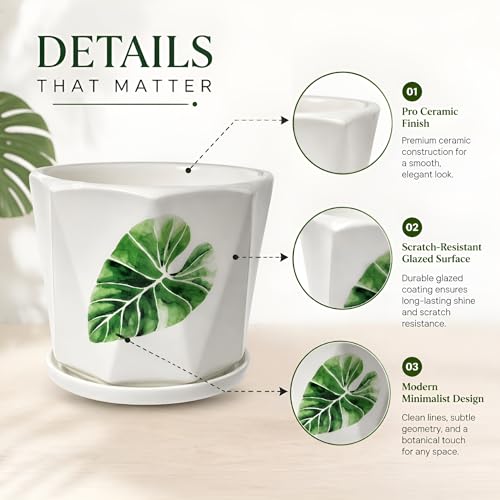 Image of Xtore Elegant Botanical Ceramic Planter with Drainage Tray | Minimalist Indoor Flower Pot for Home, Office Desk & Balcony Styling (White & Green Leaf Design -Planter only)