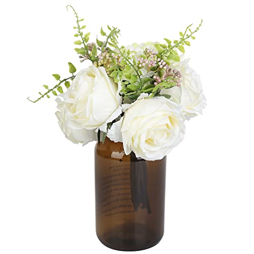 Mygift Scandinavian Design Apothecary Amber Bottle Glass Vase With Artificial Floral Arrangement Stemmed White Rose Bouquet, Tabletop Decorative Centerpiece Vase With Removable Flowers #TOP5