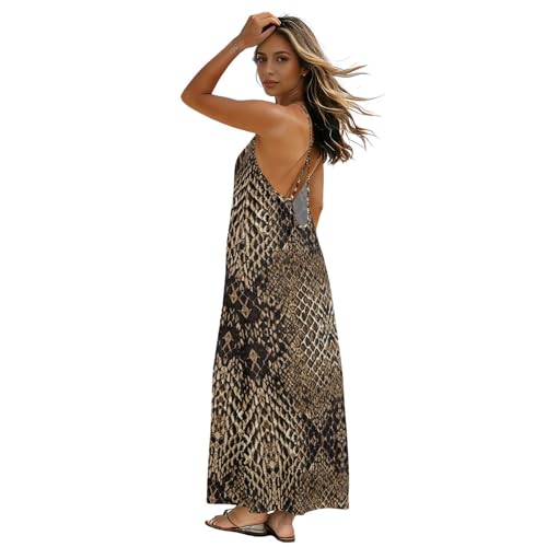 Robe longue texture peau de serpent marron et noir à fines bretelles dos nu