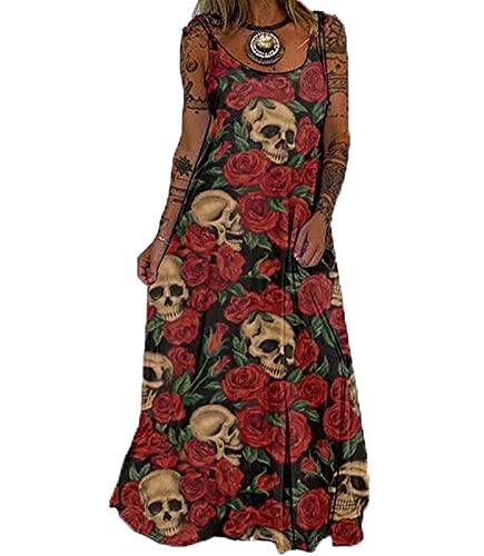 Vestido Camisero Holgado Punk para Mujer Vestidos de Talla Grande con Calavera Rosa para Mujer Vestido Largo Informal hasta el Suelo con Tirantes Cover