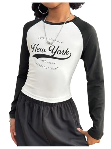 SHENHE Girl's Graphic Long Sleeve Crop Tee Color Block Crew Neck Raglan Tshirt Top