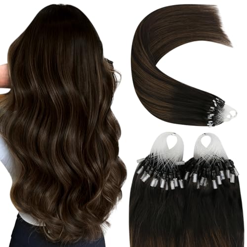 YoungSee Micro Loop Hair Extensions Balayage 20 Inch Micro Ring Human Hair Extensions Dark Brown with Brown Balayage Microbead Hair Extensions Human Hair 50s/50g Ombre Micro Ring Extensions for Women