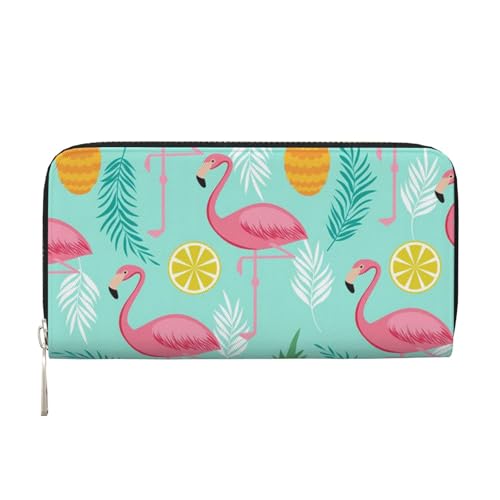 Portefeuille à main en cuir noir imprimé flamant rose en taille unique