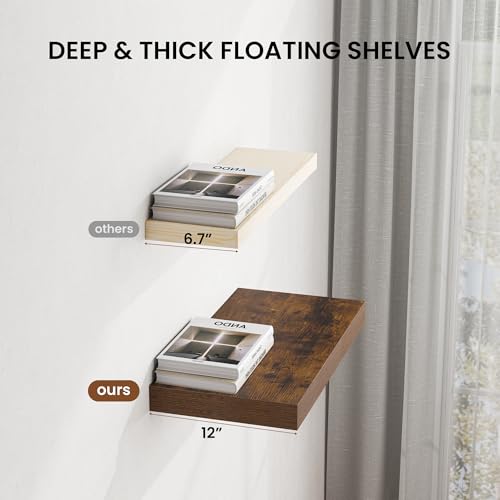 Image of Dreamland 16 inch Floating Shelves for Wall, 12 inch Deep Thicker Floating Shelves, Wall-Mounted Shelves for Bedroom, Living Room, Kitchen, Bathroom,Rustic Brown - Set of 3