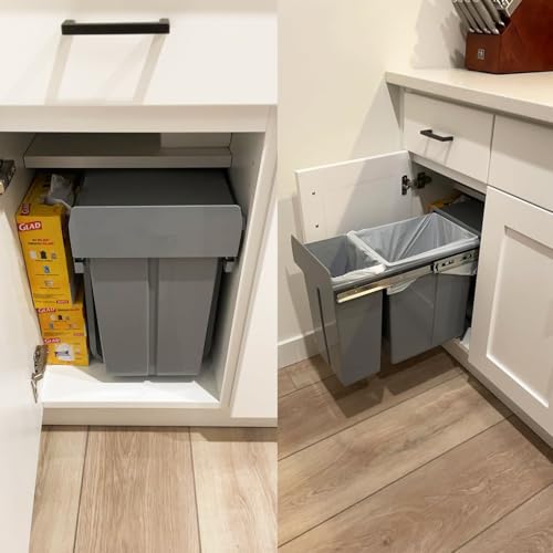 Image of jxgzyy Pull Out Kitchen Bin 10L+20L Sliding Double Trash Can with Lid Under Cabinet Categorize Garbage Easy to Disassemble Kitchen Recycling Trash Container Bin, Gray