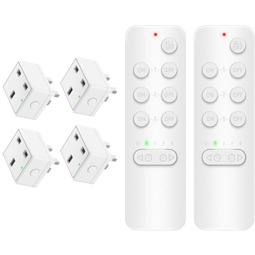 NineLeaf Remote Control Plug Socket UK, Timer Plug with Wireless Remotes, Electric shock-proof safety outlet, 15A,4000V Anti-Surge, 152M/500FT, Programmable, V0 Fireproof, LED, 2 Socket and 4 Remote