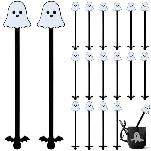Remerry 18 Pcs Halloween Swizzle Sticks 6.7 Inches Halloween Reusable Stir Sticks Acrylic Drink Stirrers Ghost Cocktail Coffee Stirrers Bulk for Coffee Bar Cocktail Milk Party Decor(Ghost)