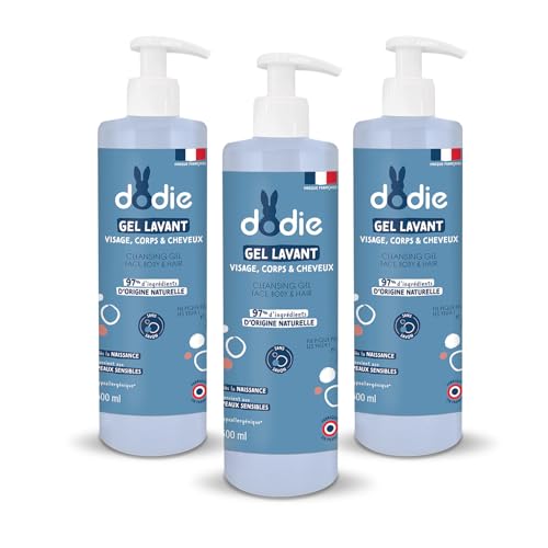 Dodie - Gel de limpieza 3 en 1, 3 unidades de 500 ml, para rostro, cuerpo y cabello, 92 % de ingredientes de origen natural, hipoalergénico, desde el nacimiento