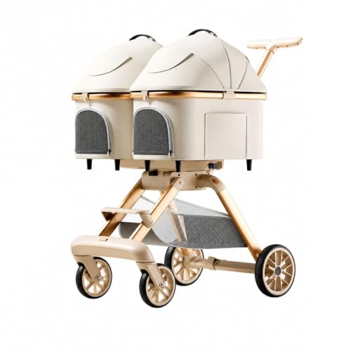 Carrito doble mascotas plegable y blanco con ruedas estables y cesta inferior