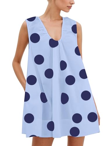 Image of Women Polka Dot Babydoll Mini Dress Scoop Neck Ruched Short Dresses Party Tank Dress with Pockets(Blue L)