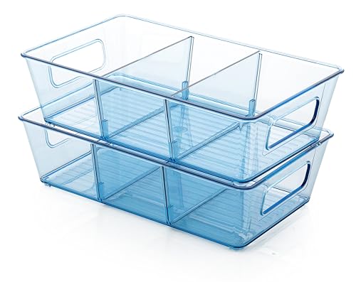 Image of Xiran Fridge Storage Boxes Organizer Bins, 3 Partition Stackable Fridge Storage Basket, Plastic Freezer Storage Containers for Fish, Meat, Vegetables, Fruits (Pack of 2, Blue)