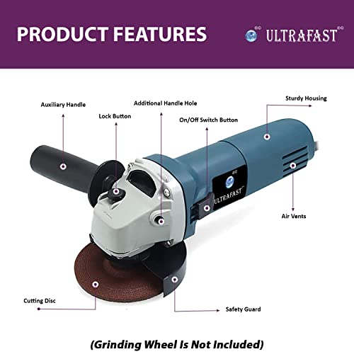 Image of ULTRAFAST UF-AG6100 Angle Grinder 850 Watt Corded 11000 RPM Speed Tool Grinding 100mm Machine Auxiliary Handle Ideal for Polishing Cutting Home & Professional Use (Grinding Wheel Is Not Included)