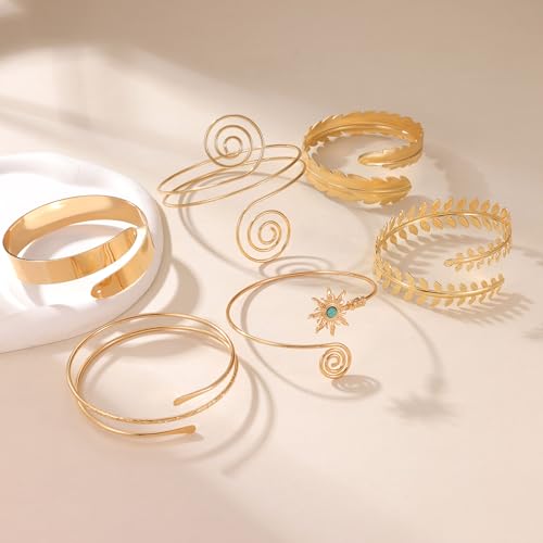 PLOMFOV 6 Pcs Arm Cuff Jewelry for Women Gold Upper Arm Bands Bangle Silver Arm Cuffs Bracelet Adjustable Armlet Set4