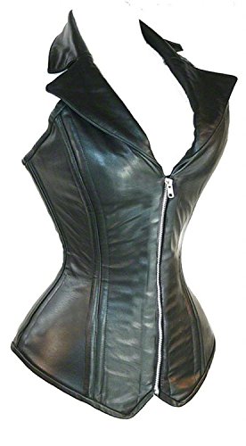 GuZi Corpete de couro preto Steampunk Rock retrô com barbatanas de aço com zíper, Preto, XG