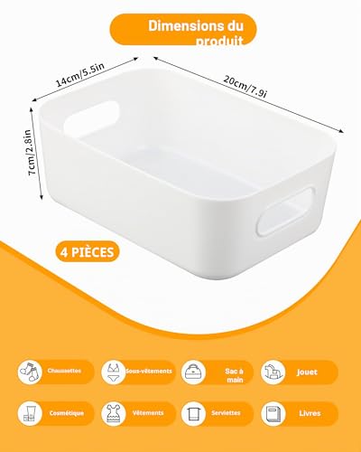Boîtes de rangement blanches 4 pièces – Bac rangement plastique & panier de rangement, boîtes empilables pour cuisine, armoire et salle de bain (20 × 14 × 7 cm) – vue 2