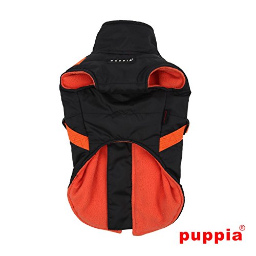 Puppia Hochwertiger Hundemantel für kleine Hunde und mittelgroße Hunde - wasserdicht und mit Fleece gefüttert für angenehme Wärme - Hundemantel mit Geschirr, Schwarz-Orange, M, PAPD-VT1366-BO-M