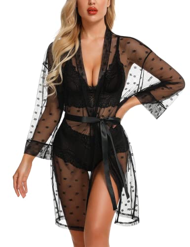 RSLOVE Ensemble de Lingerie Féminine Sexy Robe Kimono en Dentelle 3 Pièces avec Soutien-Gorge et Culotte Ensemble de Vêtements de Nuit Noir XL Cover