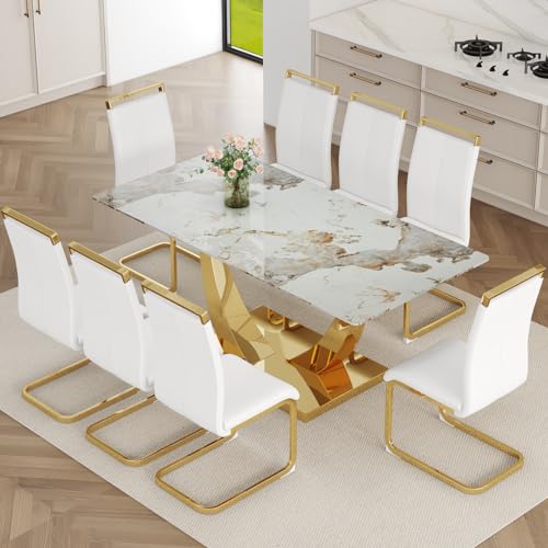 NYEESS 71” Dining Table Set for 8, Faux Marble Dining Room Table Set for 8, Gold Kitchen Table and 8 PU Leather Chairs, Tempered Glass Table Set with with Glossy Marbled