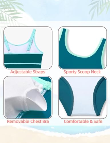 Image of Teen Girls Swimsuit High Waist Sporty Bikini Bathing Suits with Cover Up Skirt and Sunglasses 4 Piece Set 8-15 Years