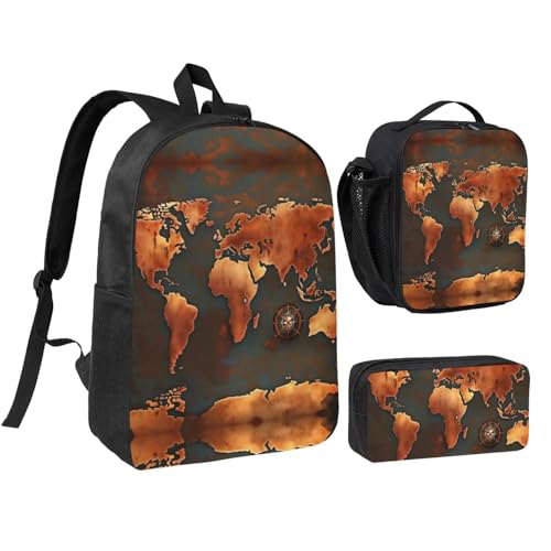 Sac à dos ergonomique motif carte du monde avec lunch box isotherme