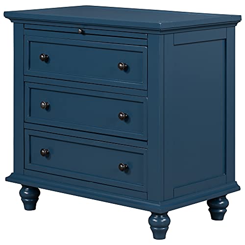 Knocbel 3-Drawer Nightstand With Pull-Out Tray, Wooden Bedside Night Stand Sofa Side End Table With Legs, 110Lbs Weight Capacity, 28.1" H X 28" W X 16.9" D (Blue) #TOP15