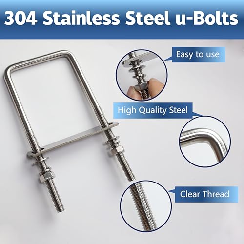 Image of 8 Pcs M10 Square U Bolts 3 Inch Wide, 3 /8 inch x 3 inchW x 7 inch L | 304 Stainless U Bolt Heavy Duty with Nuts,Bolt Plate and Washers,Square U Bolts 3 inch Wide,Metric bolts