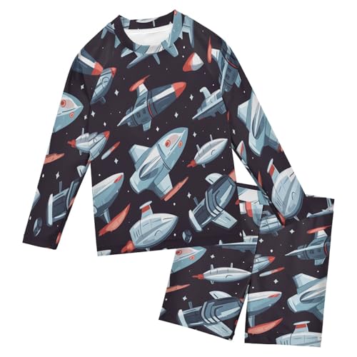 Cartoon Spaceship Boys Swimsuit Rash Guard Toddler Kids Long Sleeve Swim Shirt and Trunks Swimwear Set 3-10Y