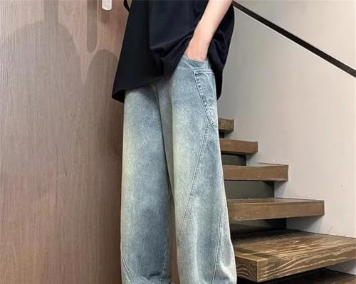 Men Patchwork Jeans Vintage Wash Loose Fit Denim Pants Korean High Street Straight Leg Trousers2