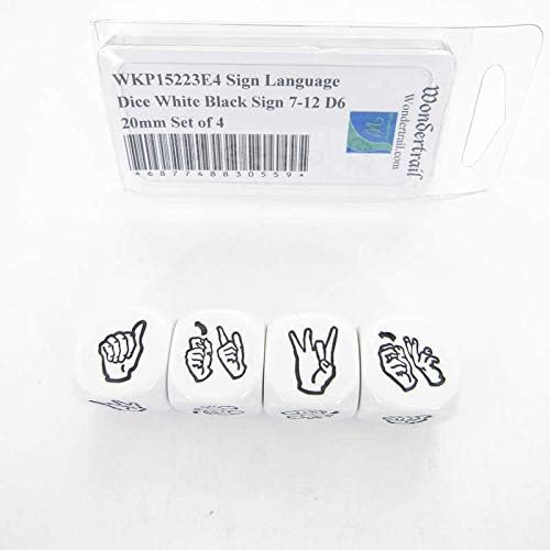 Sign Language Dice White Opaque with Black Sign for 7-12 D6 20mm (25/32in) Set of 4 Wondertrail