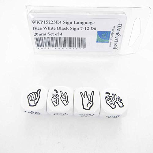 Sign Language Dice White Opaque with Black Sign for 7-12 D6 20mm (25/32in) Set of 4 Wondertrail