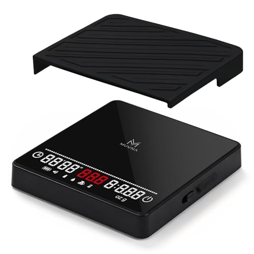 MUVNA Espresso Mini Coffee Scale with Timer & Flow Rate Indicator - 2kg/0.1g Precision Digital Scale with Waterproof Silicone Mat for Pour Over, Coffee Bean Weight, Kitchen, Black