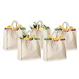 5 Pack Reusable Shopping Bags, Heavy Duty Grocery Bag for Groceries, Foldable, Washable, Canvas Fabric Tote Bags with Soft Web Handles, Cloth Grocery Totes Bags Bulk for Kitchen - 16.5 x 13 x 7 Inches