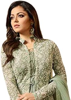 Miss Ethnik Women's Light Green Embroidered Flared Gown Dress 945-Light Green