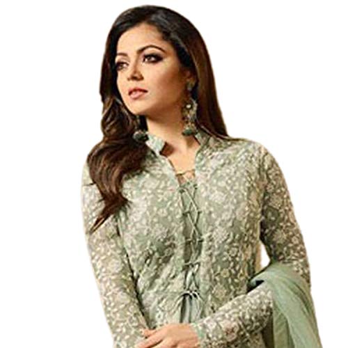 Miss Ethnik Women's Light Green Embroidered Flared Gown Dress 945-Light Green