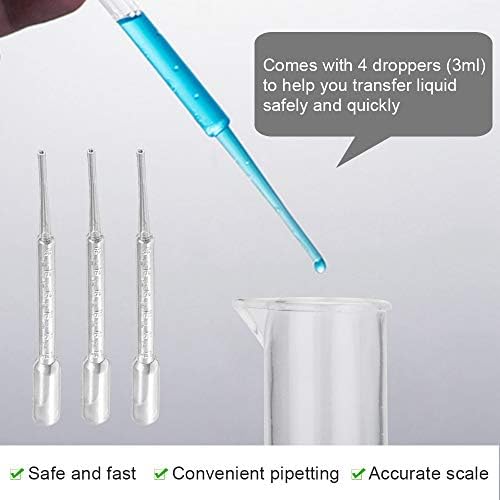 PERFETSELL Measuring Cylinder Set 4 Sizes Graduated Cylinder Beaker in 10 ml, 25 ml, 50 ml, 100 ml Clear Lab Test Tube Flask with 4 Plastic Droppers in 3 ml for Laboratory Science Experiments Liquid