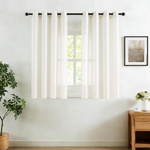 Image of Treatmentex Flax Blend Linen Semi Sheer Curtains 52 x 45 White Light Filtering Privacy Curtains for Small Windows Grommet Top, 2 Panels