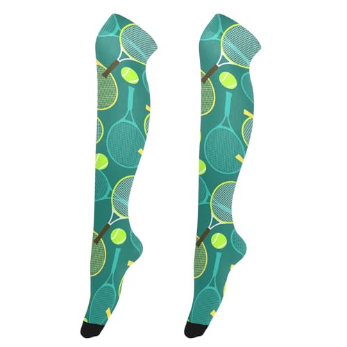 Image of Colourful Tennis Racquets and Tennis Balls Women's Thigh High Socks Long Over Knee Socks Thick Leg Warm Boot Stockings
