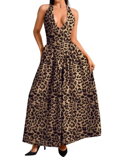 Image of ChiaoLezhee Deep V Neck Dress, Halter Maxi Dresses, Vacation Date Night, Sexy for Women Corset Flowy Wedding Guest Drop Waist