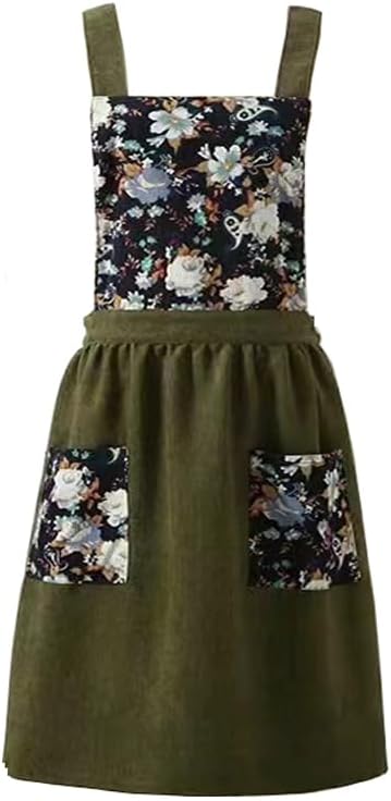 Delantales de algodón para mujer con bolsillos, delantal vintage, delantal floral, regalo para mujer (verde oliva)