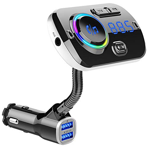 Bluetooth FM Transmitter for Car, 5.0 Bluetooth Handsfree Car Kit Dual USB Colorful Atmosphere Light Support SIRI/Google Voice Assistant QC 3.0 Fast Charge