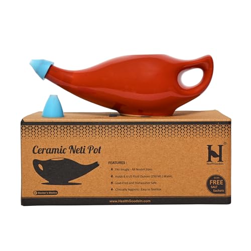 HealthGoodsIn Ceramic Neti Pot, Dishwasher Safe, Premium Handcrafted with 2 Silicone Nozzle and Salt for Sinus - 225 Ml. Capacity (Brown)