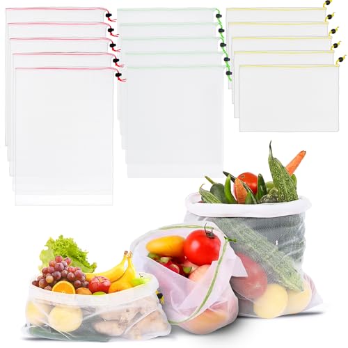 EZGOODZ Reusable Mesh Produce Bags 3 Sizes S/M/L up to 12″x17″, 15 Pack See-Through Bags Washable, Odorless, Environment Friendly Mesh Toy Storage Bags with Colored Drawstrings, Barcode Scanning