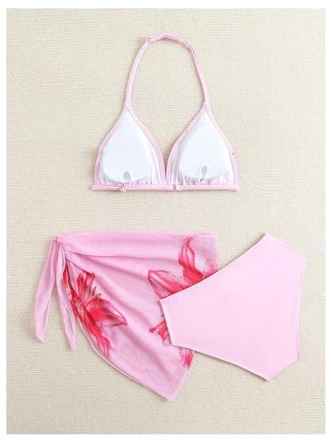 Image of SHENHE Girl's 3 Piece Swimsuits Cute Halter Triangle Bikini Bathing Suit with Beach Cover Up
