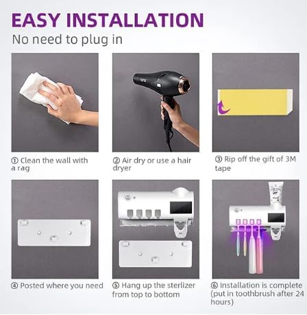 Miniatura 6 de Soporte para cepillo de dientes montado en la pared sin perforaciones, soporte para cepillos de dientes montado en la pared, kit de exprimidor