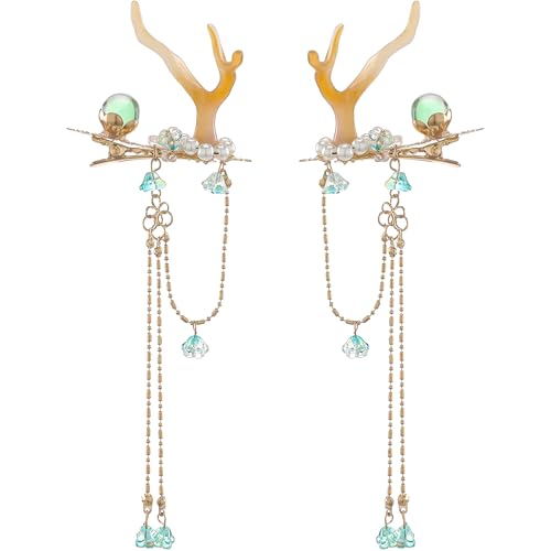 Fantasy Renaissance Reindeer Hair Clips - 2 Pcs Vintage Deer Antler Hairpin Fairy Elf Deer Horns Accessories with Tassel Rhinestone for Women Girls Renfaire Cosplay Head Accessory