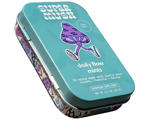 SuperMush Daily Flow and Focus SuppleMint | Lions Mane, Reishi, Rhodiola & Bacopa Monnieri Mixed Mushrooms Extract | Pure Breath Mint to Flow & Focus | 20g Organic Mushroom Mint