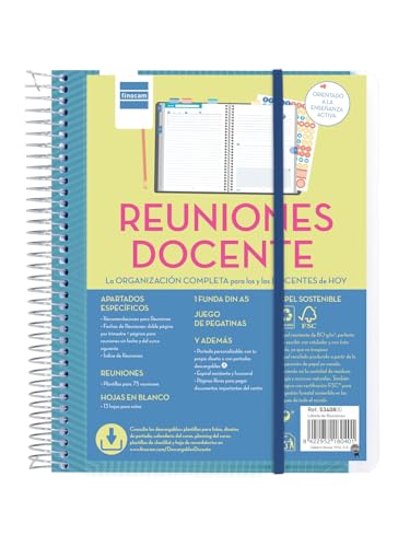 Finocam - Libreta de Reuniones para Docentes | 75 Plantillas | 13 Hojas en Blanco | 122 Pegatinas | Tapa Personalizable | Espiral Metálica | Planificador de Clases, Blanco, Mediano, Papel | Español