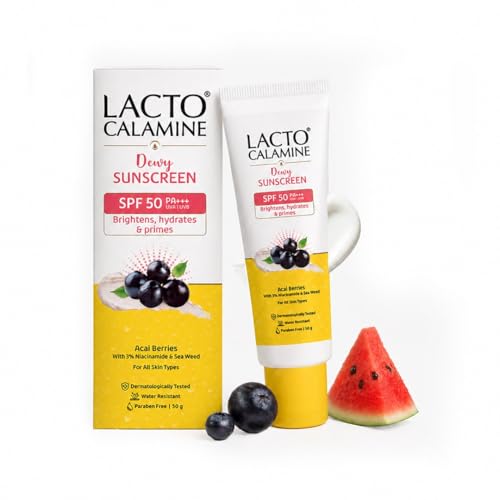 Image of Lacto Calamine Dewy Glow Lightweight Sunscreen SPF 50 PFA +++ UVA & UVB Protection-Oily Skin | Acai Berries, Niacinamide & Watermelon | Dermatologically Tested | 50g