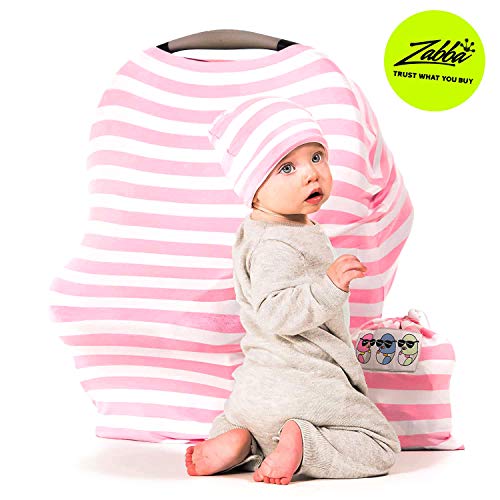 Car Seat Covers For Babies - Stretchy, Lightweight, And Extra Soft Nursing Cover - Multiuse - Covers Carseat, High Chairs, Shopping Carts - Bonus Infant Baby Beanie And Bag (Pink And White) #TOP1